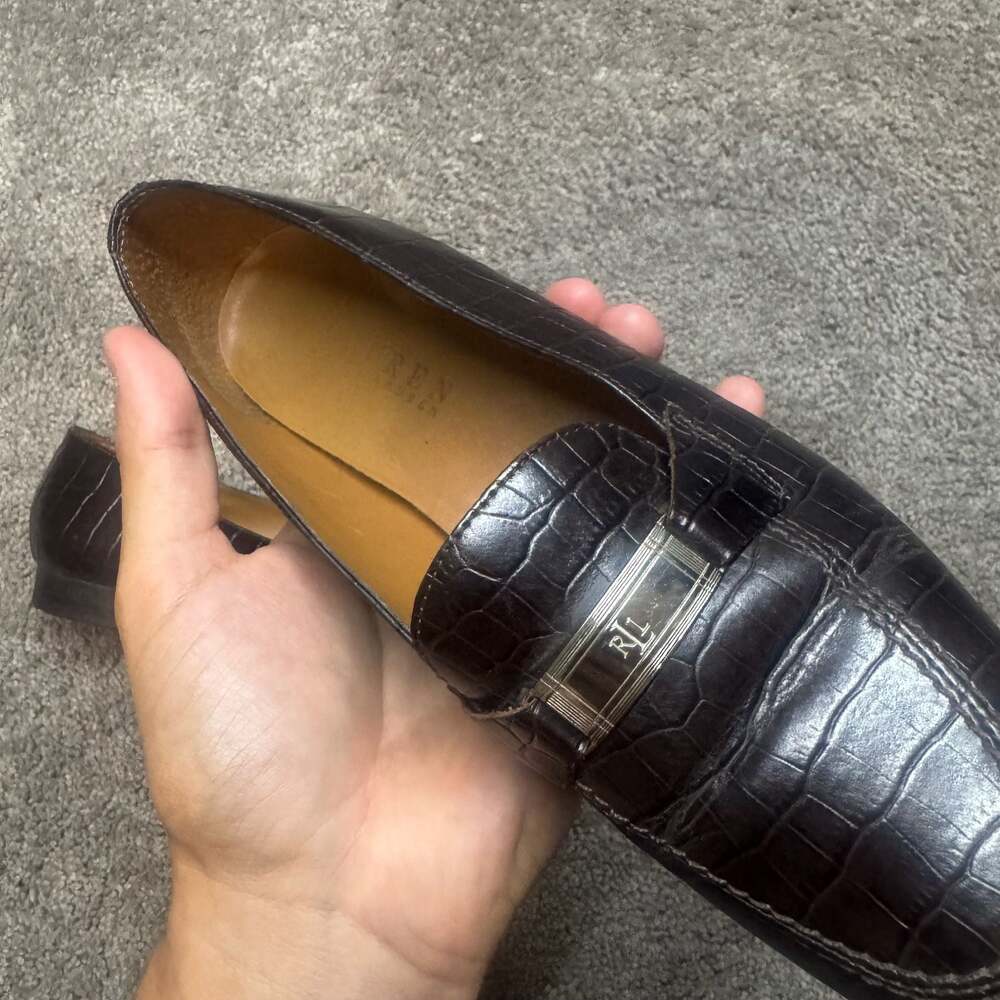 Lauren Ralph Lauren Women's Brown Croc-Embossed Leather Loafer with Logo Buckle - Picture 4 of 7